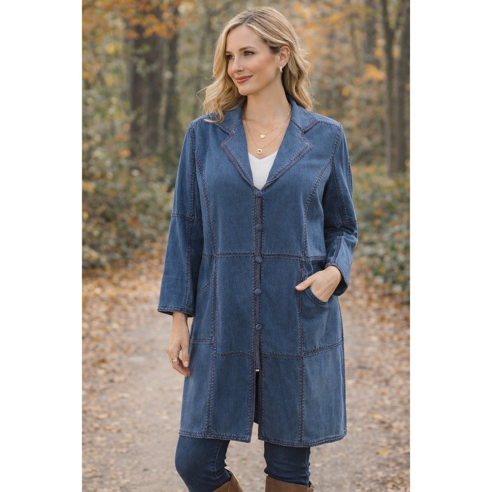 Dressbarn Denim Patchwork Longline Jacket Size 16W Blue‎ Crochet Whipstitch Boho
